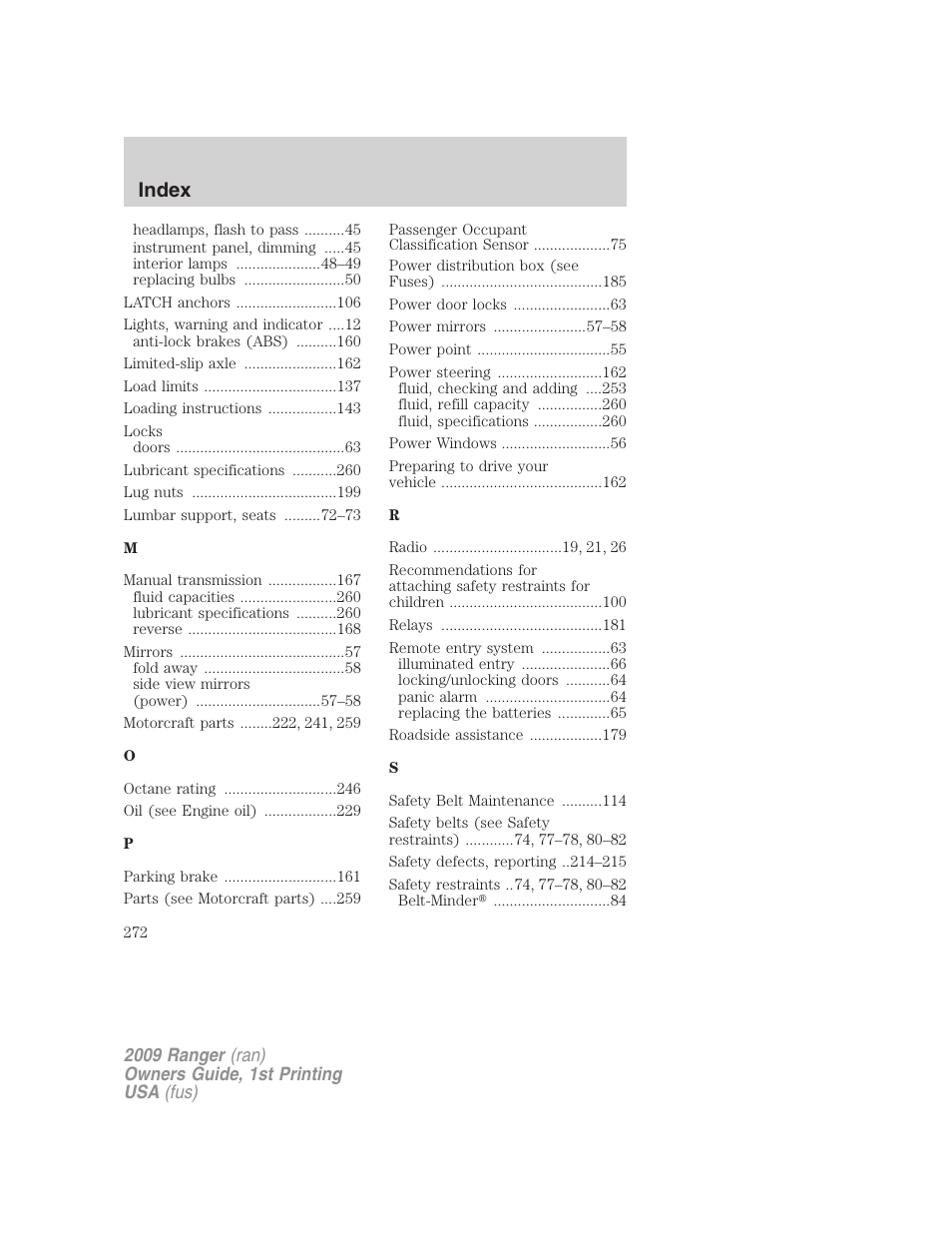Index | FORD 2009 Ranger v.1 User Manual | Page 272 / 280