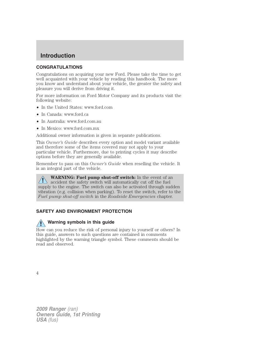 Introduction, Congratulations, Safety and environment protection | Warning symbols in this guide | FORD 2009 Ranger v.1 User Manual | Page 4 / 280