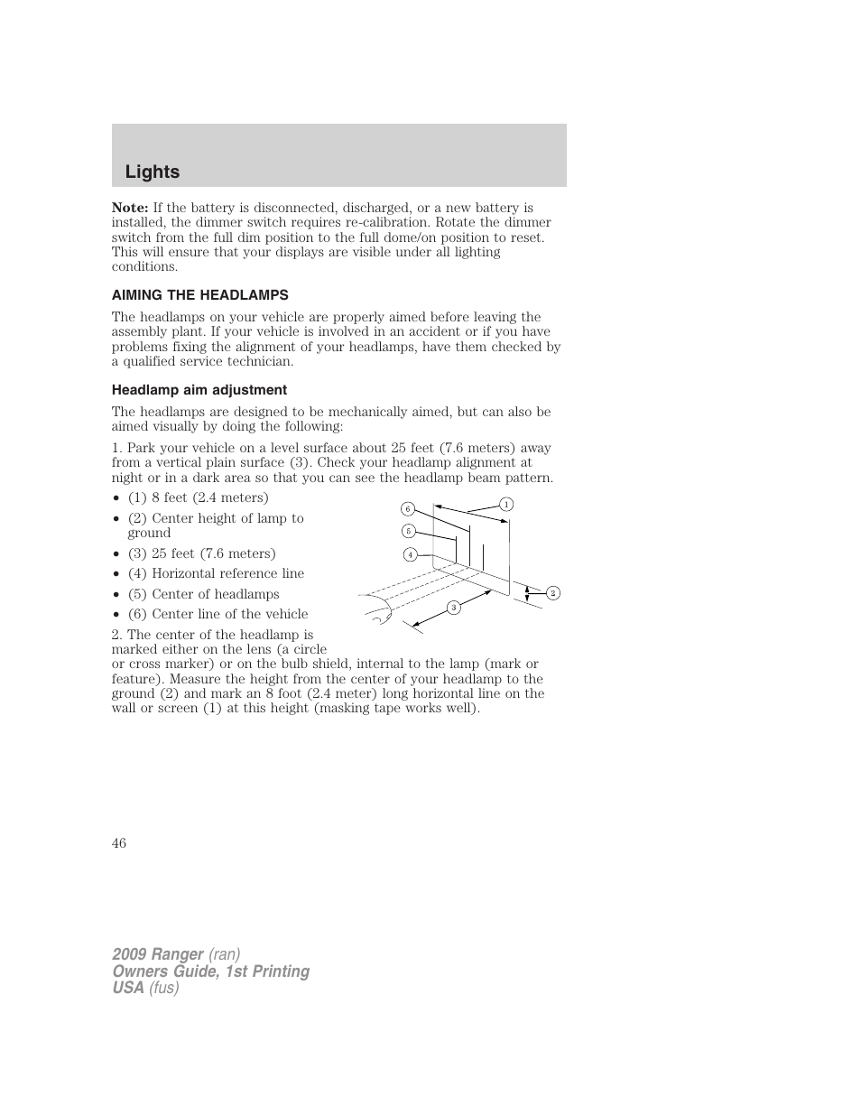 Aiming the headlamps, Headlamp aim adjustment, Lights | FORD 2009 Ranger v.1 User Manual | Page 46 / 280