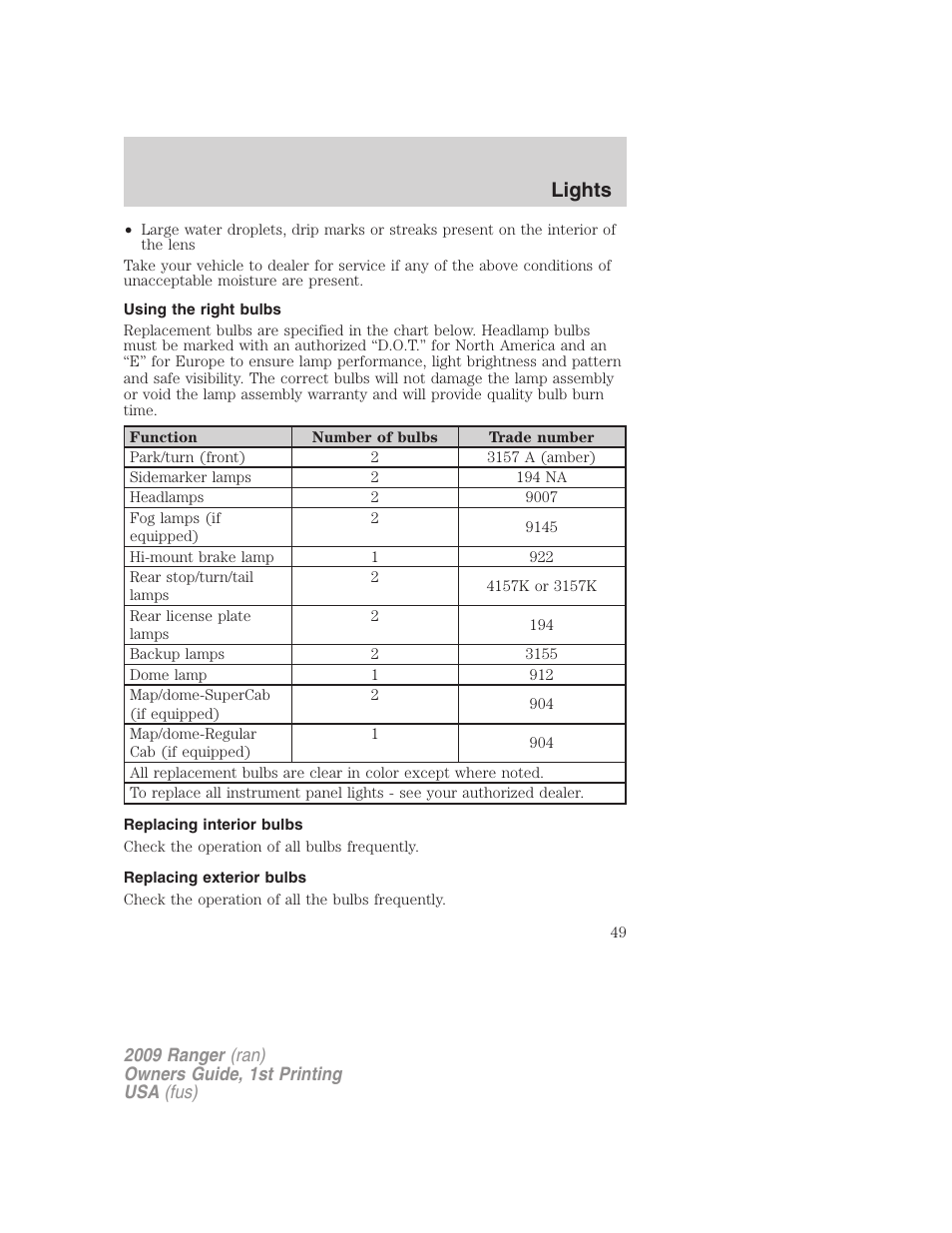 Using the right bulbs, Replacing interior bulbs, Replacing exterior bulbs | Lights | FORD 2009 Ranger v.1 User Manual | Page 49 / 280