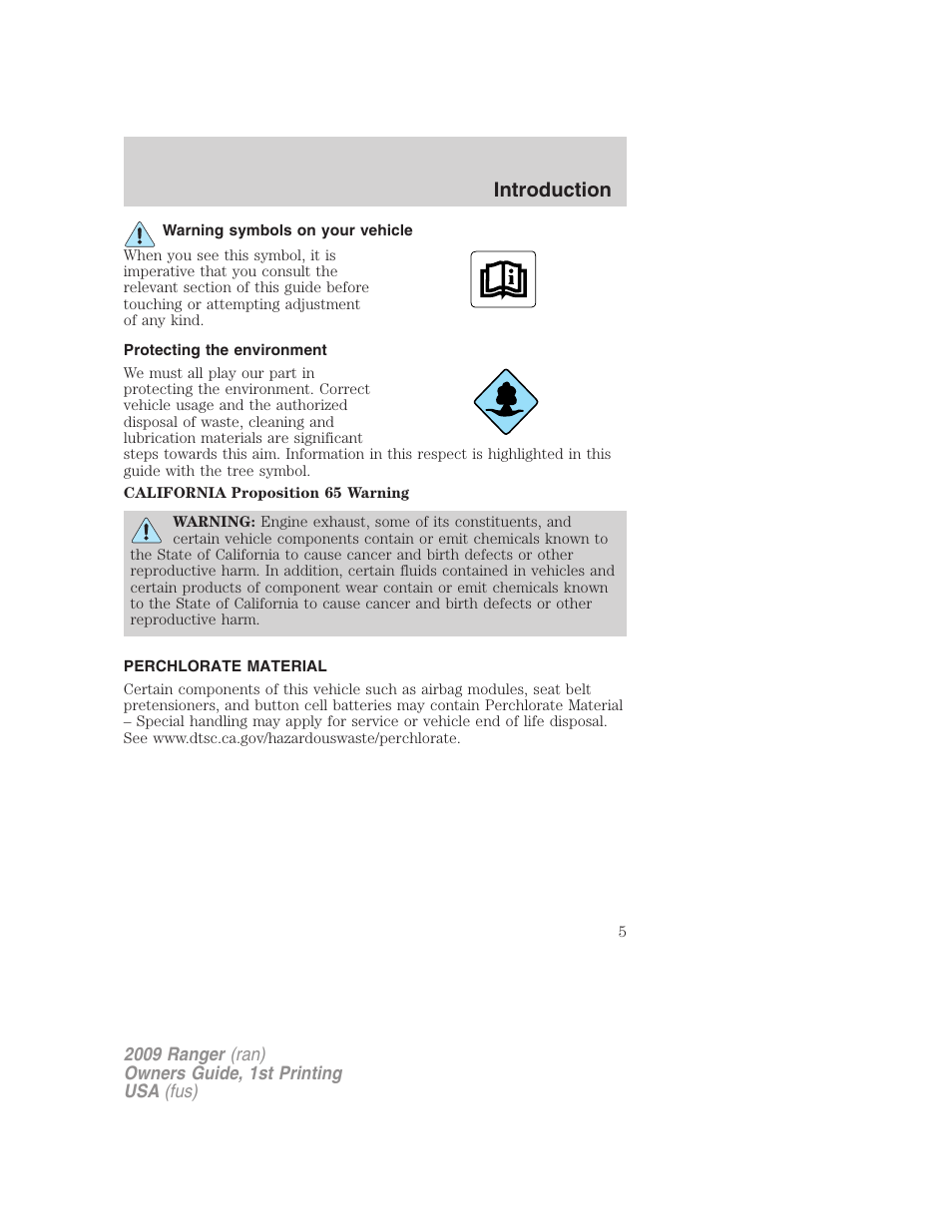 Warning symbols on your vehicle, Protecting the environment, Perchlorate material | Introduction | FORD 2009 Ranger v.1 User Manual | Page 5 / 280
