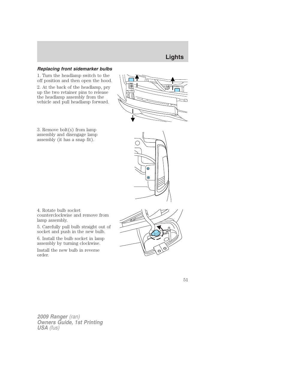 Replacing front sidemarker bulbs, Lights | FORD 2009 Ranger v.1 User Manual | Page 51 / 280