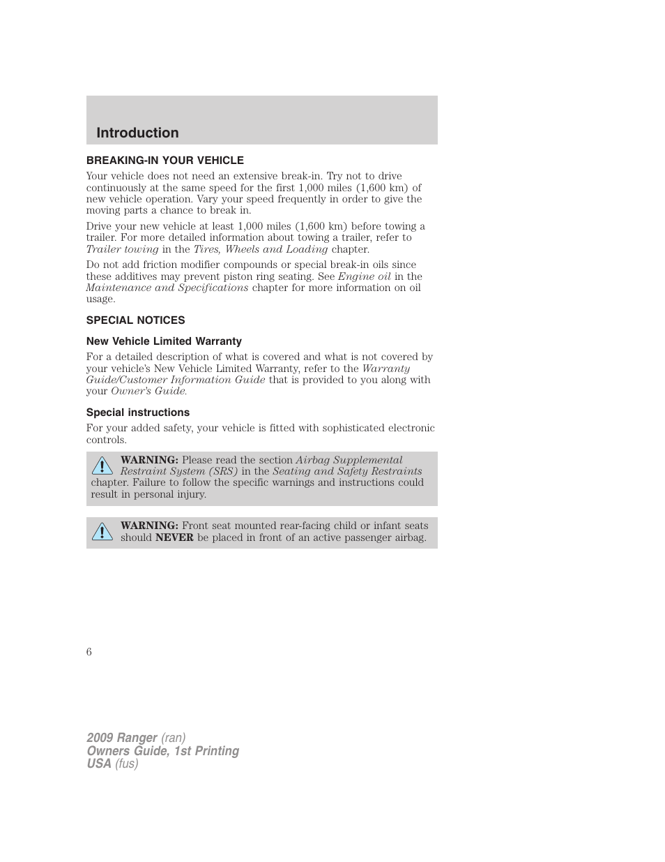 Breaking-in your vehicle, Special notices, New vehicle limited warranty | Special instructions, Introduction | FORD 2009 Ranger v.1 User Manual | Page 6 / 280