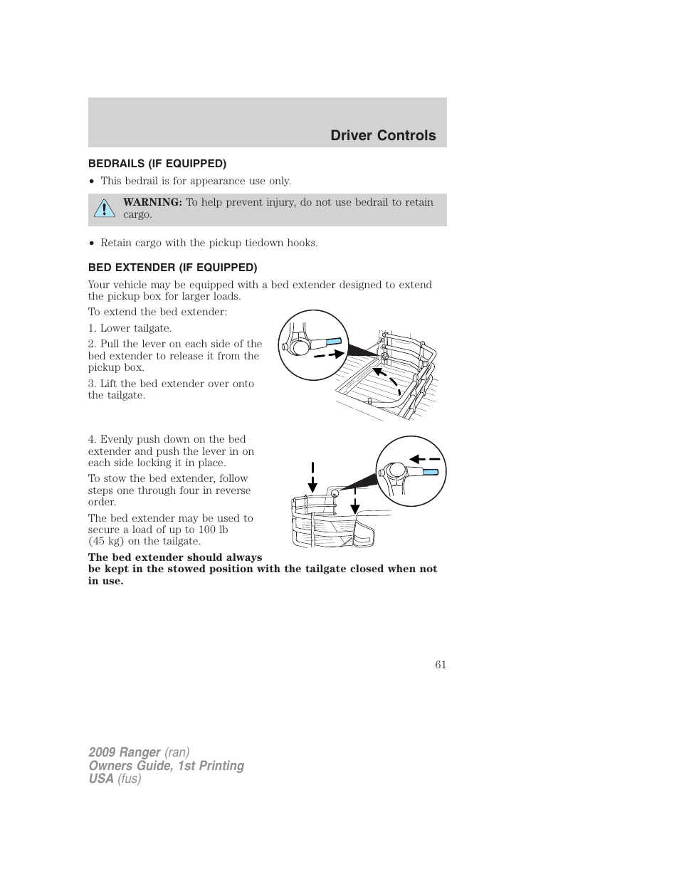 Bedrails (if equipped), Bed extender (if equipped), Driver controls | FORD 2009 Ranger v.1 User Manual | Page 61 / 280