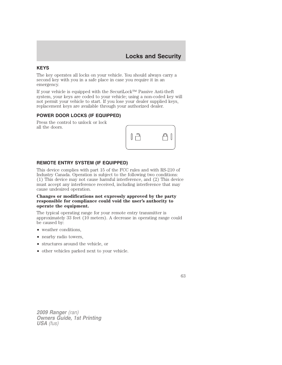 Locks and security, Keys, Power door locks (if equipped) | Remote entry system (if equipped), Locks | FORD 2009 Ranger v.1 User Manual | Page 63 / 280