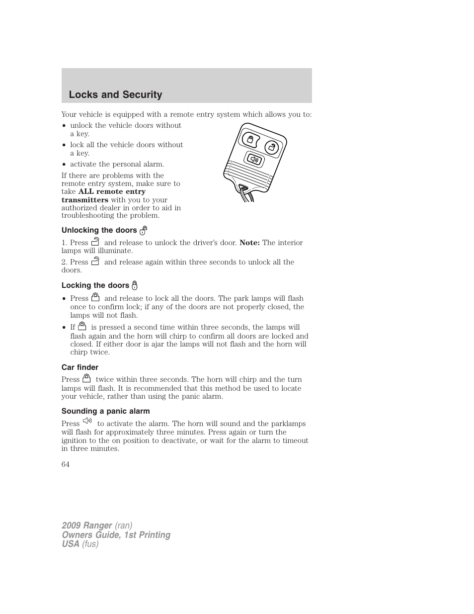 Unlocking the doors, Locking the doors, Car finder | Sounding a panic alarm, Locks and security | FORD 2009 Ranger v.1 User Manual | Page 64 / 280