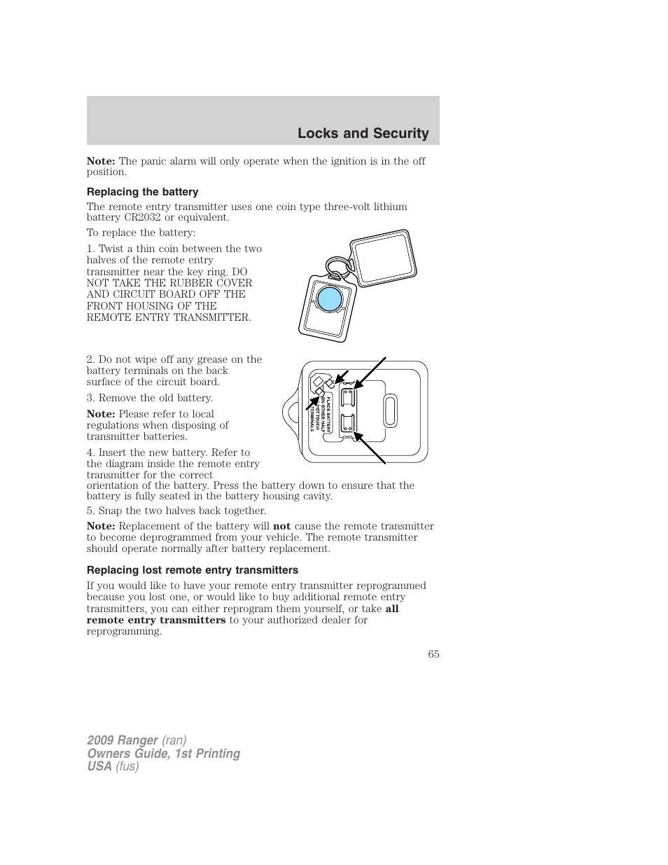 Replacing the battery, Replacing lost remote entry transmitters, Locks and security | FORD 2009 Ranger v.1 User Manual | Page 65 / 280