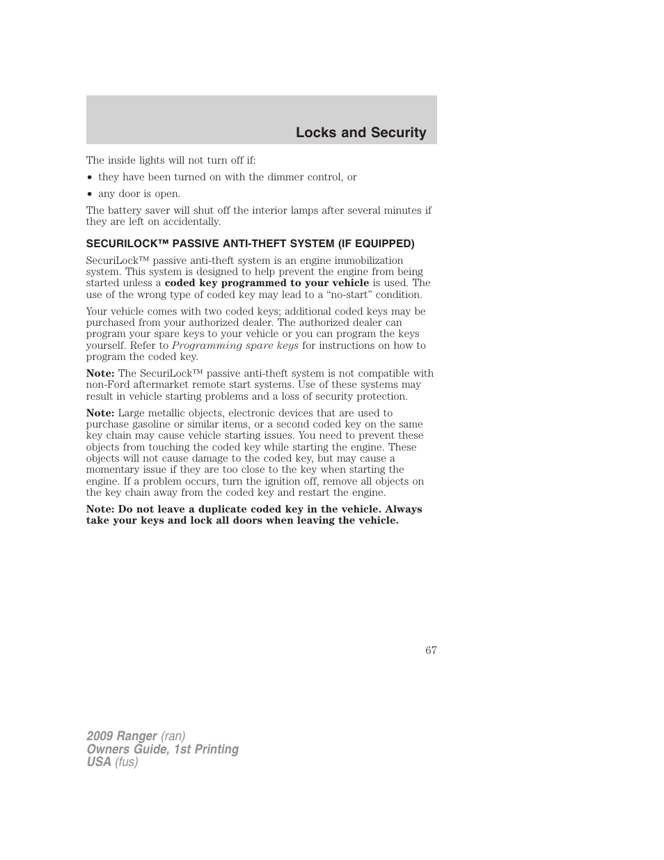 Anti-theft system, Locks and security | FORD 2009 Ranger v.1 User Manual | Page 67 / 280