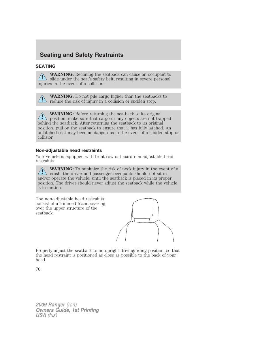 Seating and safety restraints, Seating, Non-adjustable head restraints | FORD 2009 Ranger v.1 User Manual | Page 70 / 280