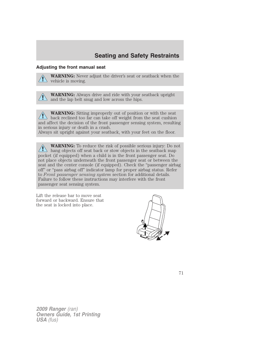 Adjusting the front manual seat, Seating and safety restraints | FORD 2009 Ranger v.1 User Manual | Page 71 / 280