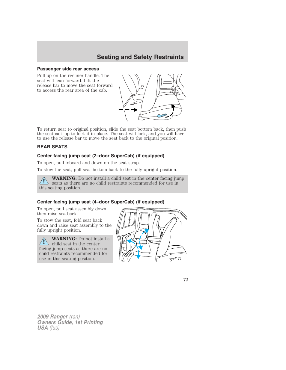 Passenger side rear access, Rear seats, Seating and safety restraints | FORD 2009 Ranger v.1 User Manual | Page 73 / 280