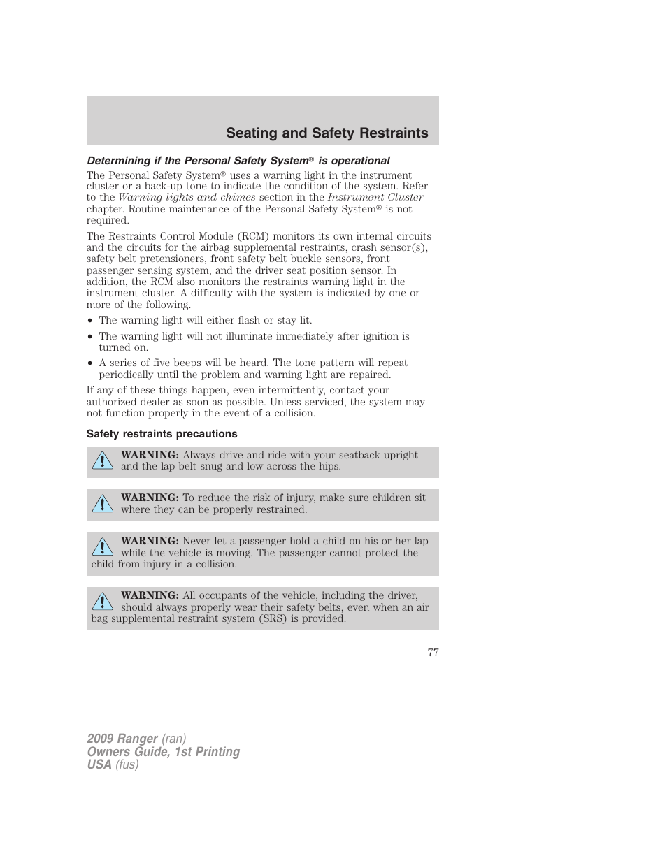 Safety restraints precautions, Seating and safety restraints | FORD 2009 Ranger v.1 User Manual | Page 77 / 280