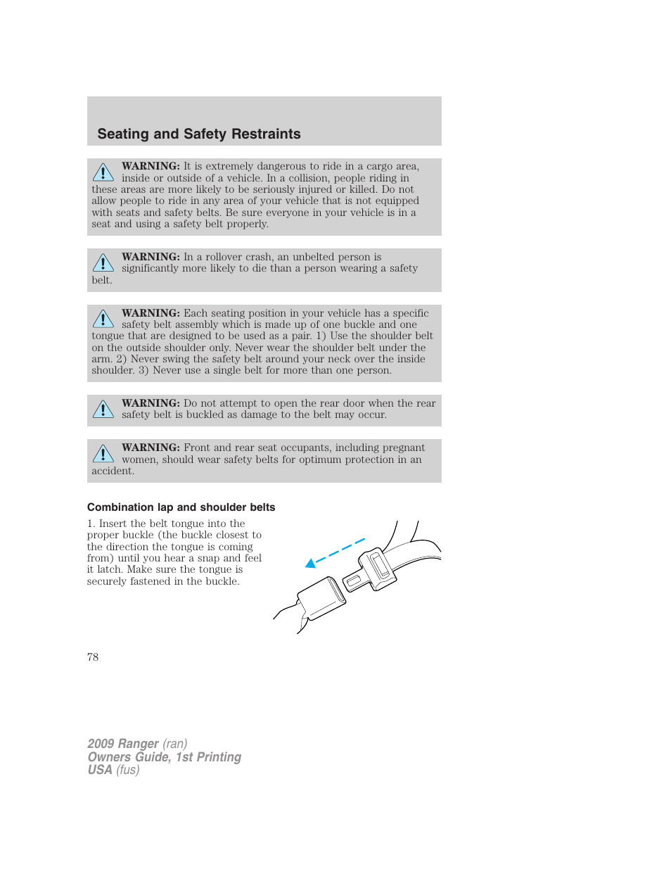 Combination lap and shoulder belts, Seating and safety restraints | FORD 2009 Ranger v.1 User Manual | Page 78 / 280