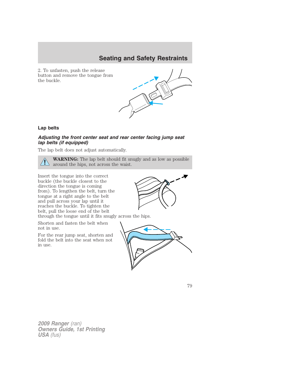 Lap belts, Seating and safety restraints | FORD 2009 Ranger v.1 User Manual | Page 79 / 280