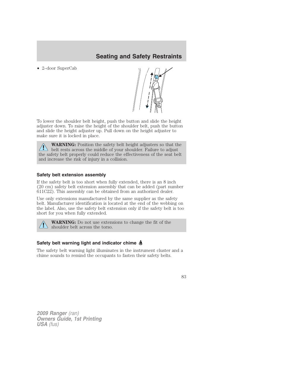 Safety belt extension assembly, Safety belt warning light and indicator chime, Seating and safety restraints | FORD 2009 Ranger v.1 User Manual | Page 83 / 280