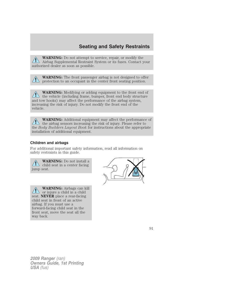 Children and airbags, Seating and safety restraints | FORD 2009 Ranger v.1 User Manual | Page 91 / 280