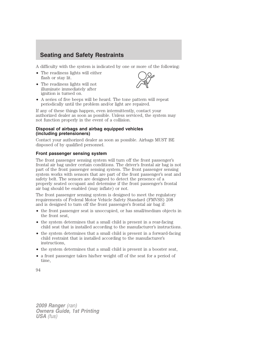 Front passenger sensing system, Seating and safety restraints | FORD 2009 Ranger v.1 User Manual | Page 94 / 280