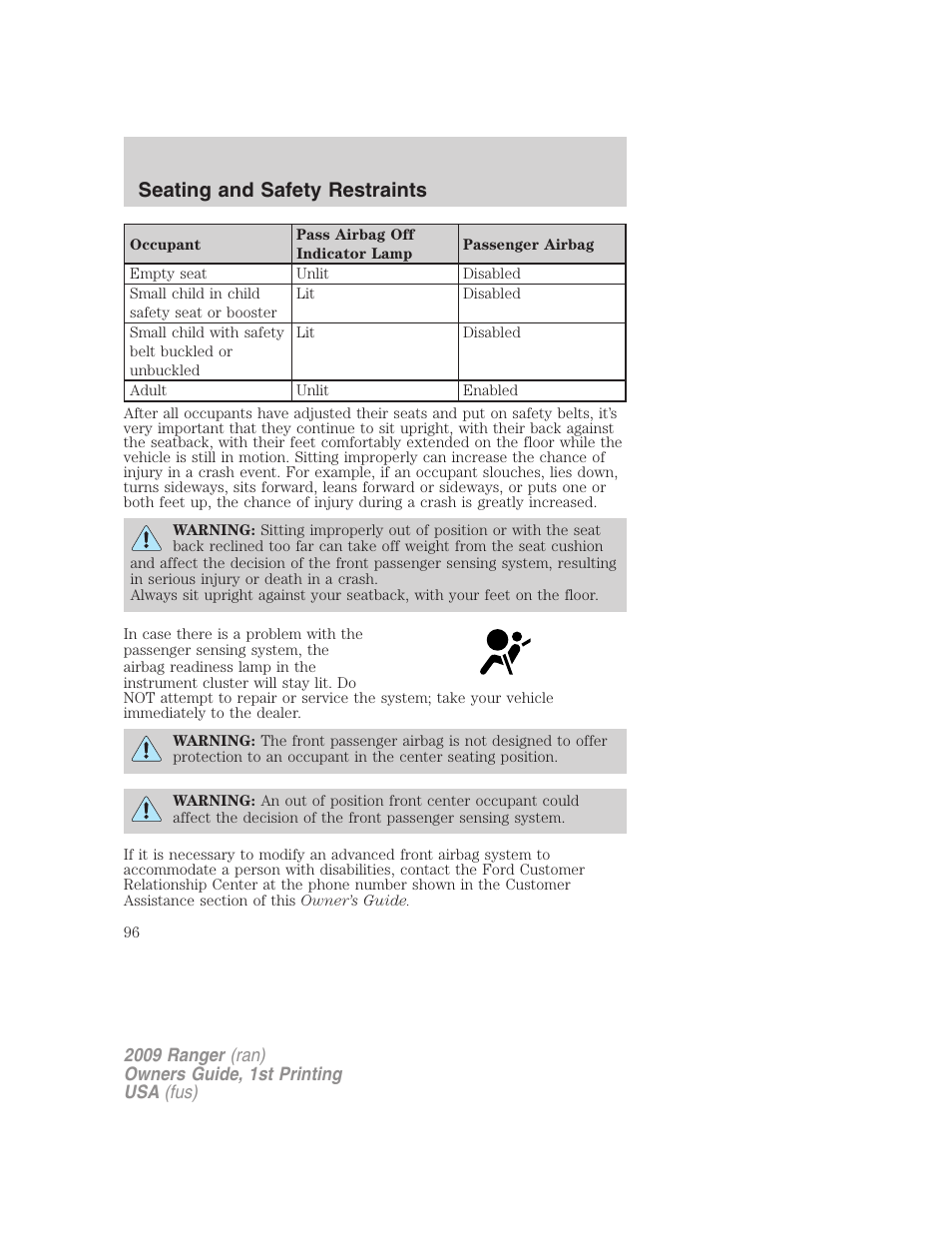 Seating and safety restraints | FORD 2009 Ranger v.1 User Manual | Page 96 / 280