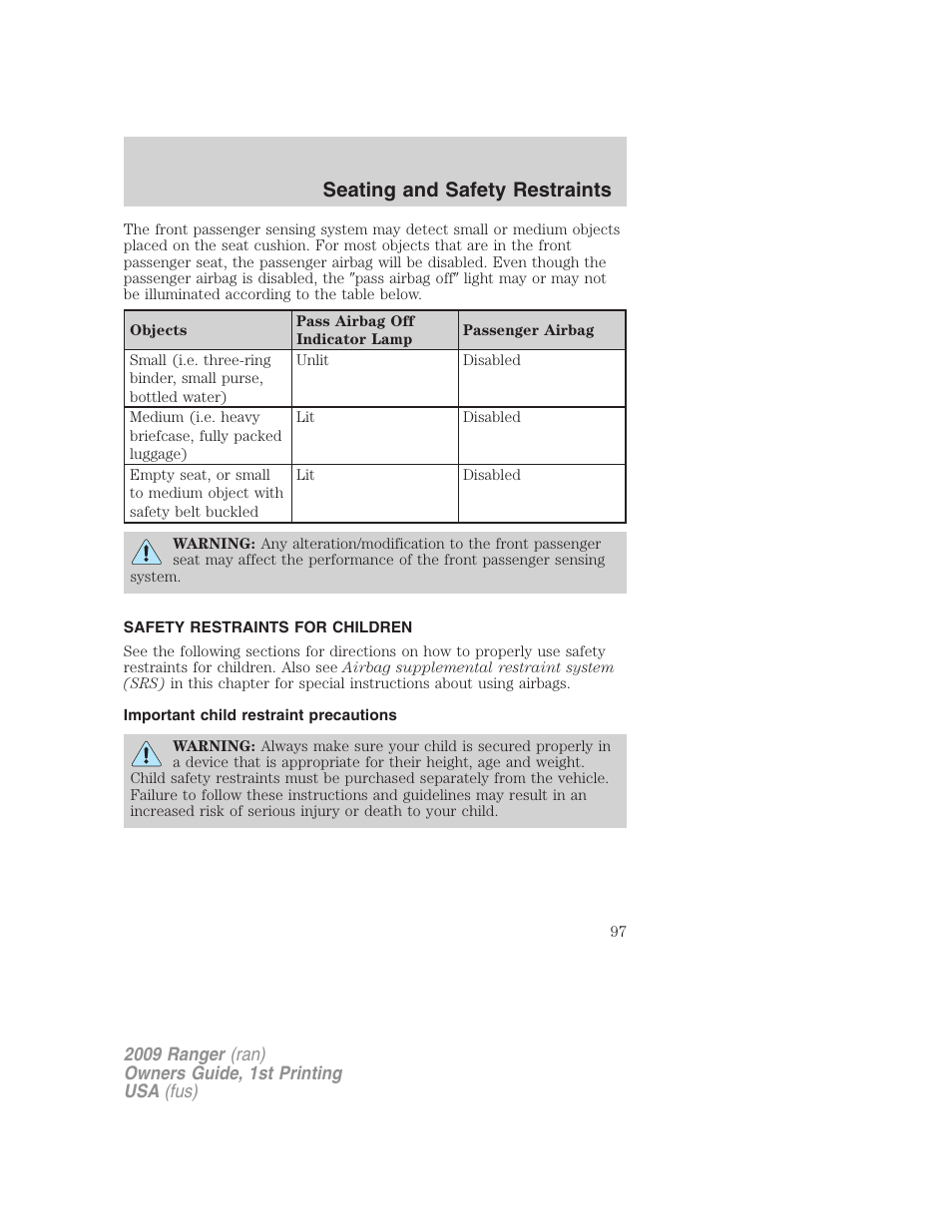 Safety restraints for children, Important child restraint precautions, Child restraints | Seating and safety restraints | FORD 2009 Ranger v.1 User Manual | Page 97 / 280
