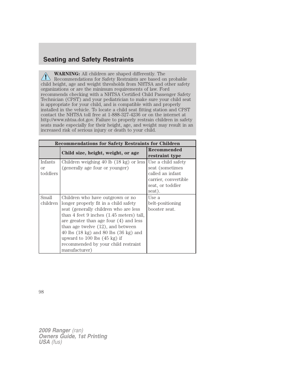 Seating and safety restraints | FORD 2009 Ranger v.1 User Manual | Page 98 / 280