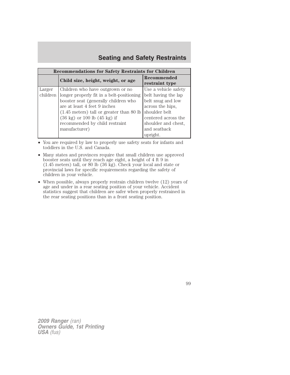 Seating and safety restraints | FORD 2009 Ranger v.1 User Manual | Page 99 / 280