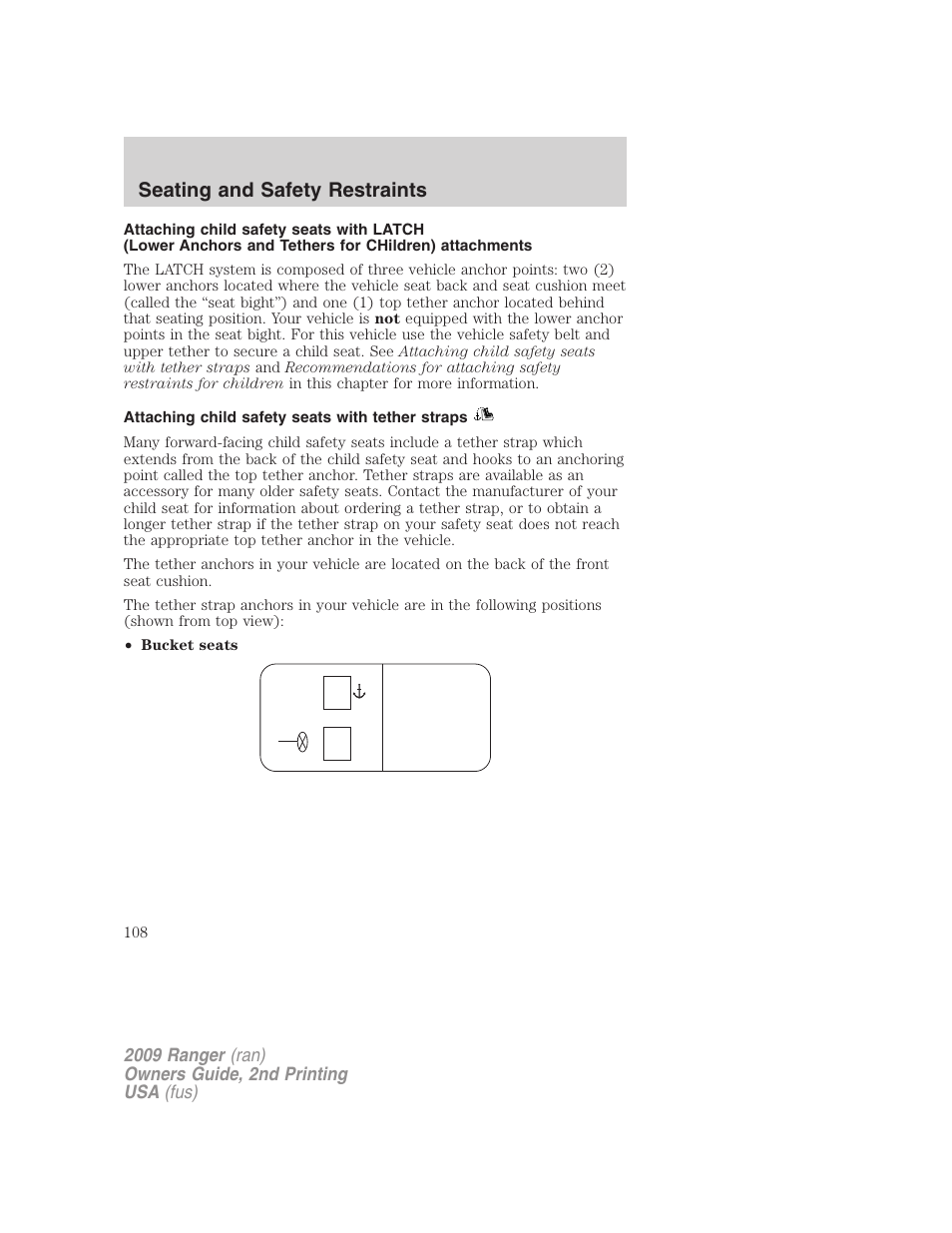 Attaching child safety seats with tether straps, Seating and safety restraints | FORD 2009 Ranger v.2 User Manual | Page 108 / 274