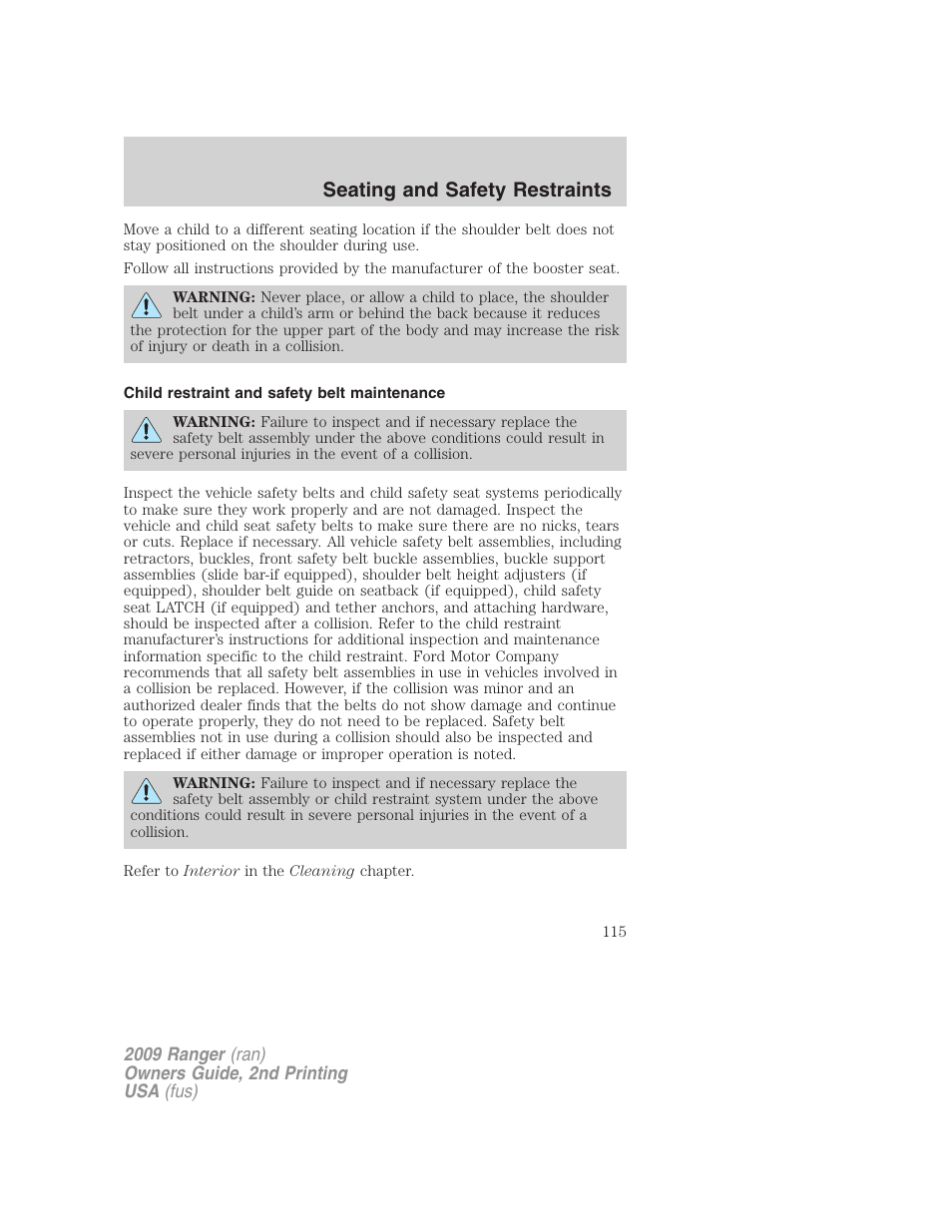 Child restraint and safety belt maintenance, Seating and safety restraints | FORD 2009 Ranger v.2 User Manual | Page 115 / 274