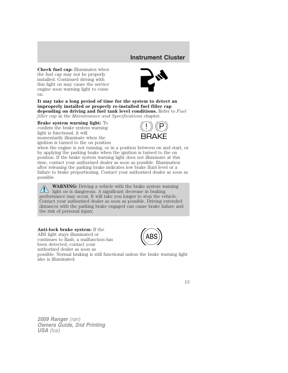 P! brake abs | FORD 2009 Ranger v.2 User Manual | Page 13 / 274