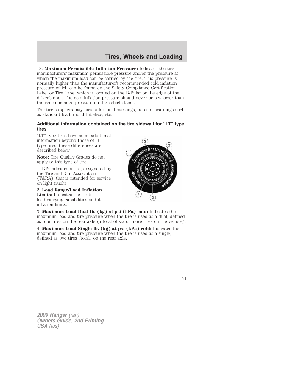 Tires, wheels and loading | FORD 2009 Ranger v.2 User Manual | Page 131 / 274