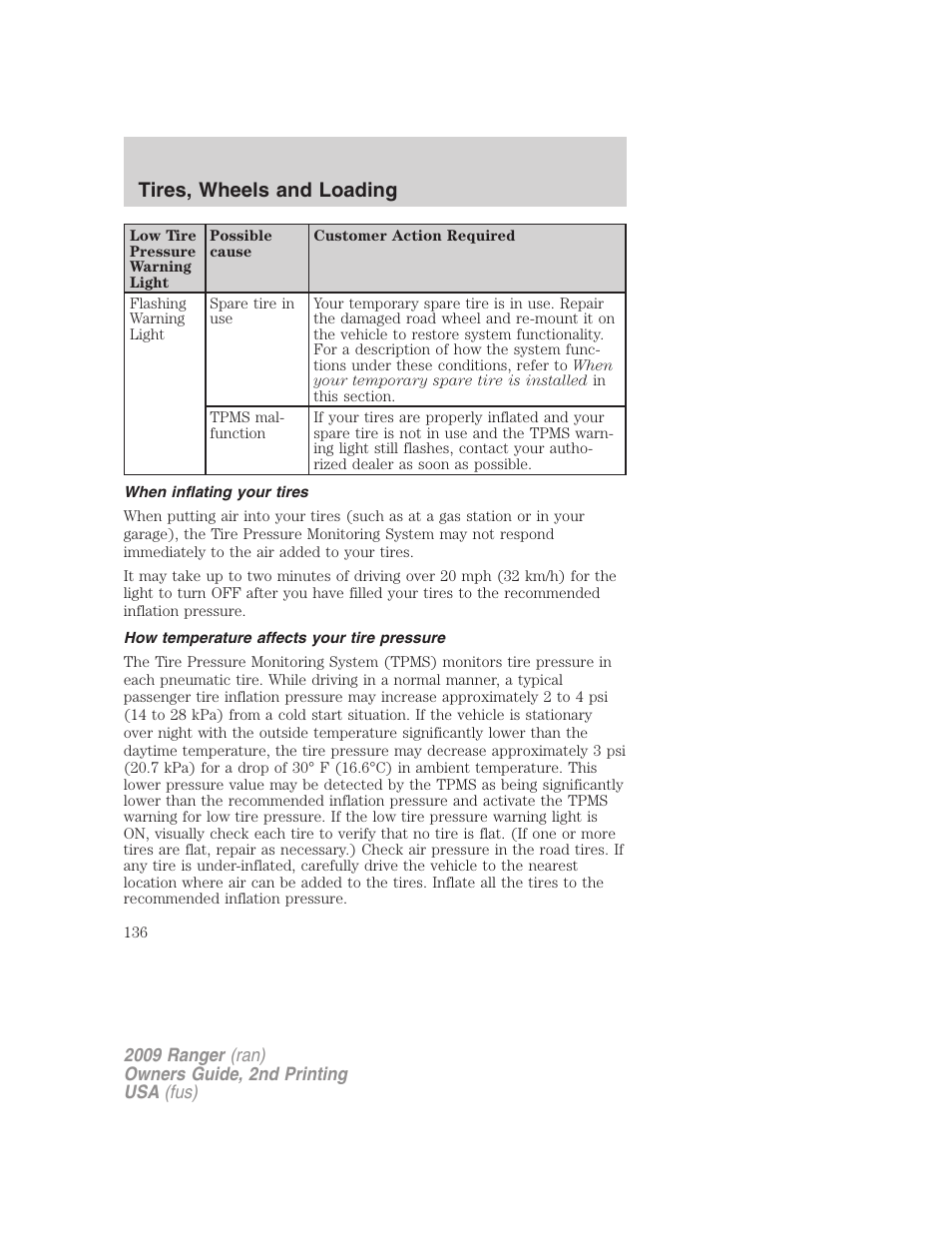 When inflating your tires, How temperature affects your tire pressure, Tires, wheels and loading | FORD 2009 Ranger v.2 User Manual | Page 136 / 274