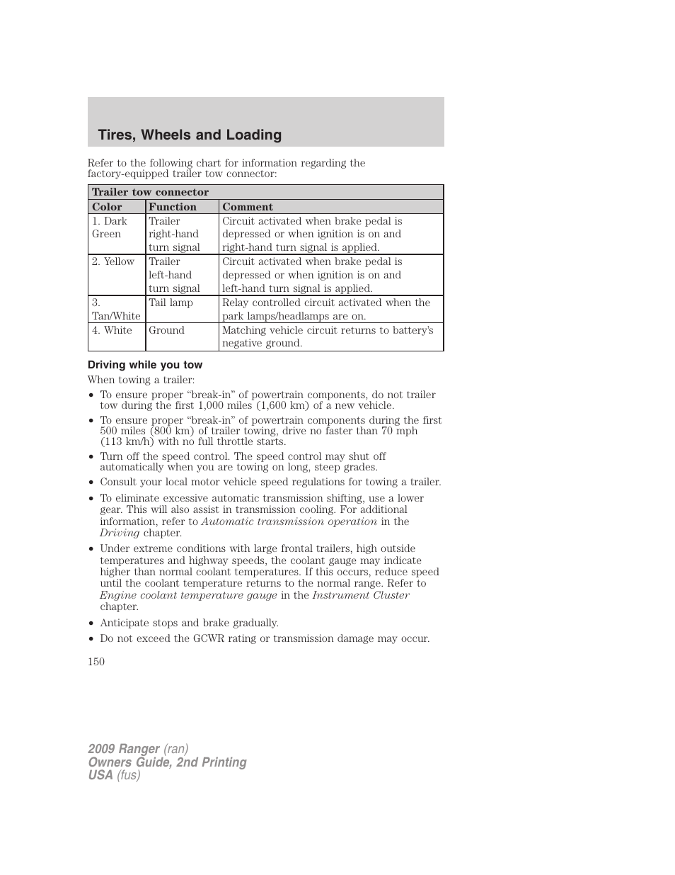 Driving while you tow, Tires, wheels and loading | FORD 2009 Ranger v.2 User Manual | Page 150 / 274