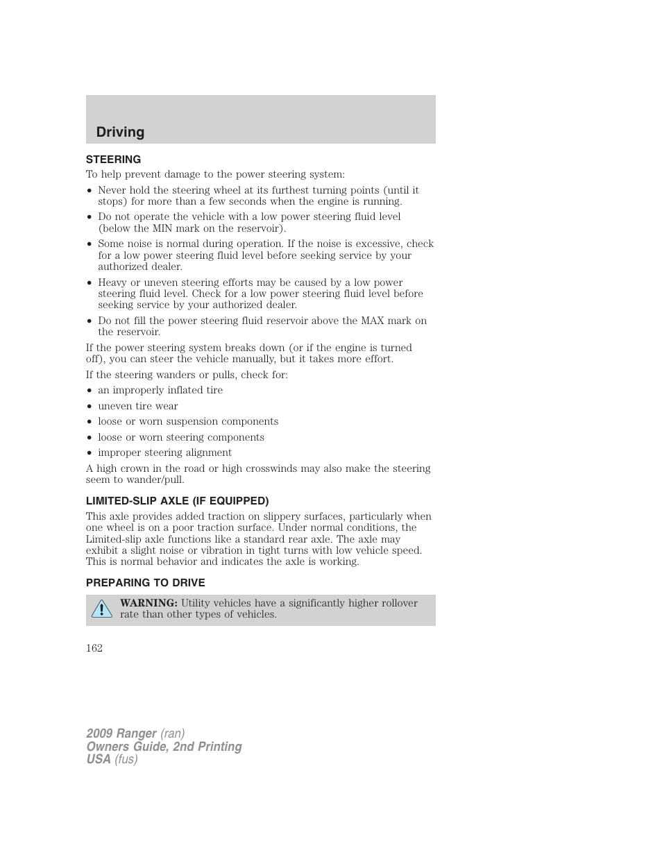 Steering, Limited-slip axle (if equipped), Preparing to drive | Driving | FORD 2009 Ranger v.2 User Manual | Page 162 / 274