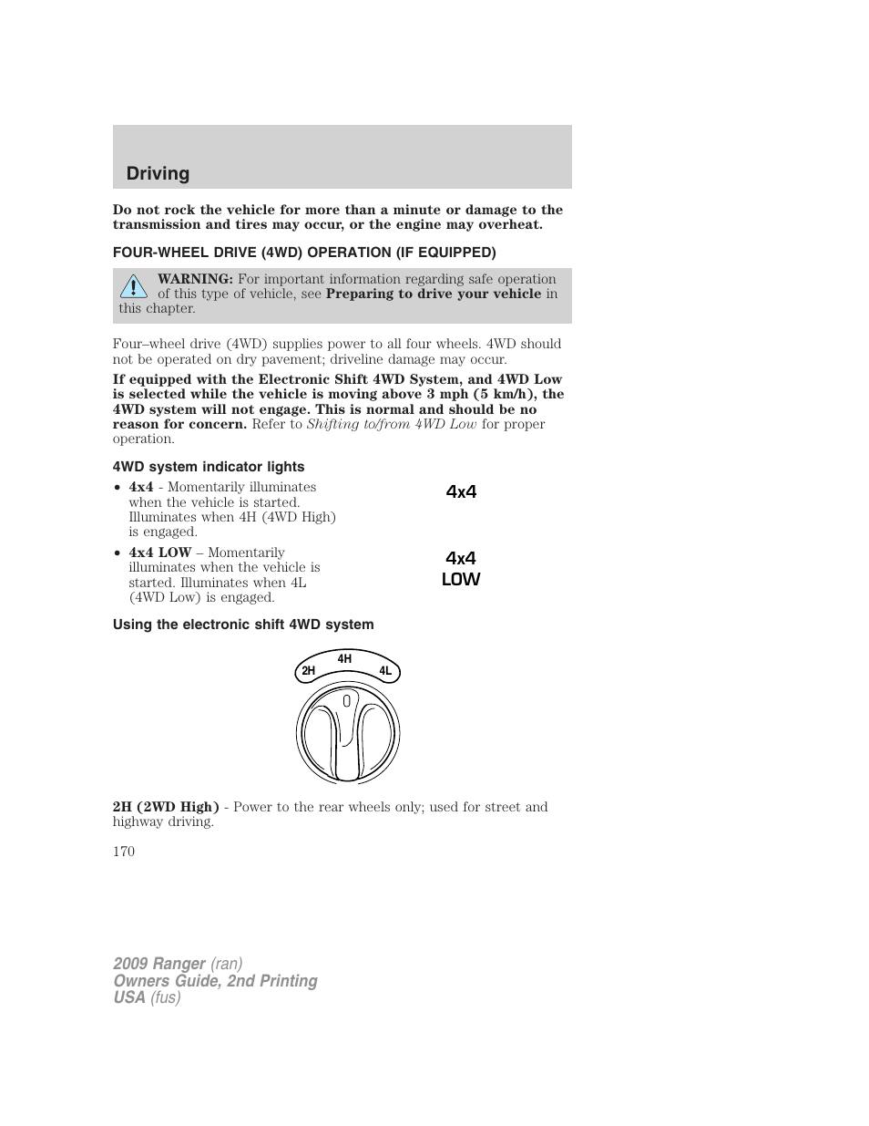 Four-wheel drive (4wd) operation (if equipped), 4wd system indicator lights, Using the electronic shift 4wd system | Driving | FORD 2009 Ranger v.2 User Manual | Page 170 / 274