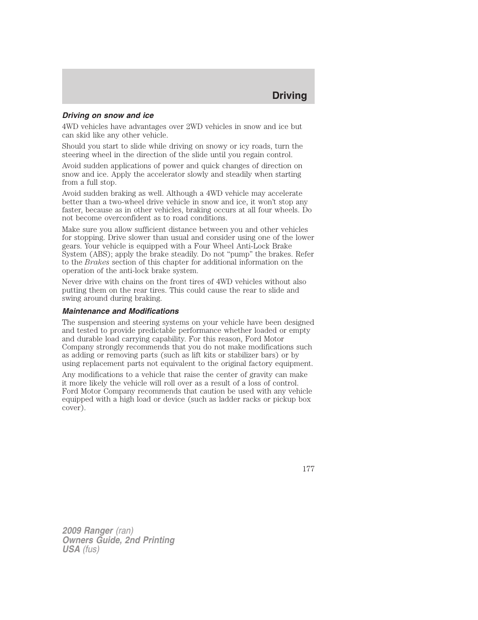 Driving on snow and ice, Maintenance and modifications, Driving | FORD 2009 Ranger v.2 User Manual | Page 177 / 274