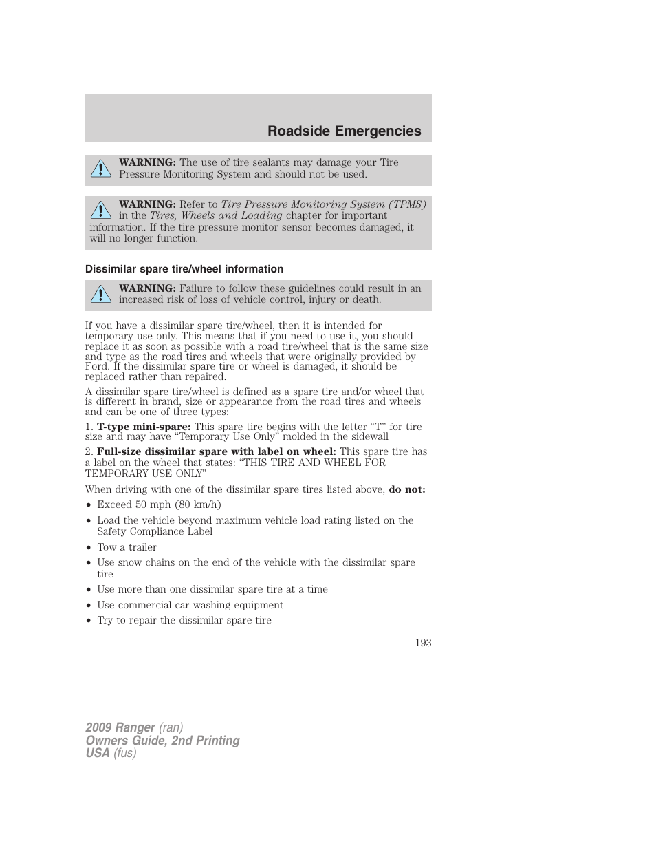 Dissimilar spare tire/wheel information, Roadside emergencies | FORD 2009 Ranger v.2 User Manual | Page 193 / 274