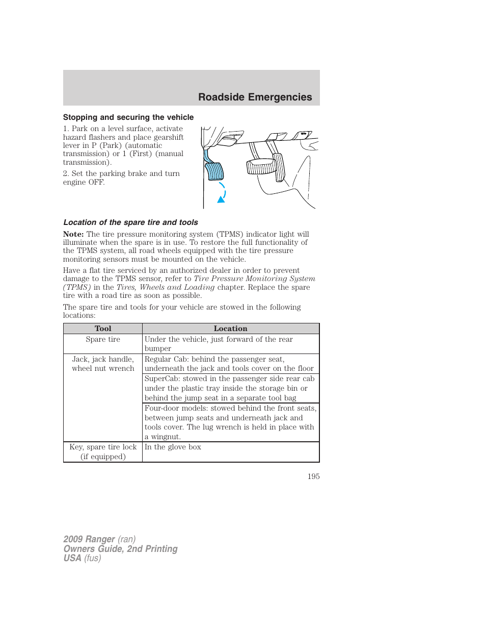 Stopping and securing the vehicle, Location of the spare tire and tools, Roadside emergencies | FORD 2009 Ranger v.2 User Manual | Page 195 / 274