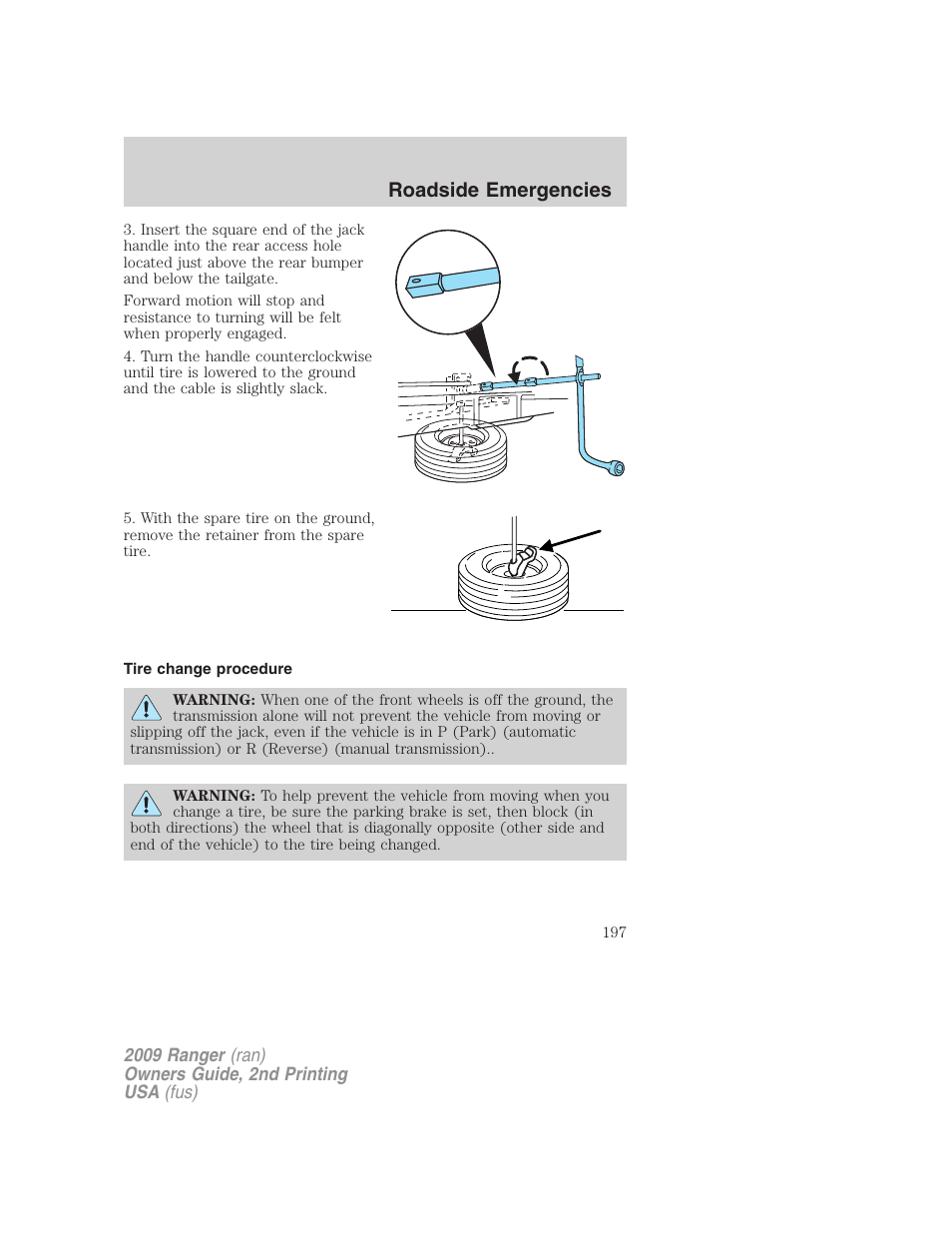 Tire change procedure, Roadside emergencies | FORD 2009 Ranger v.2 User Manual | Page 197 / 274