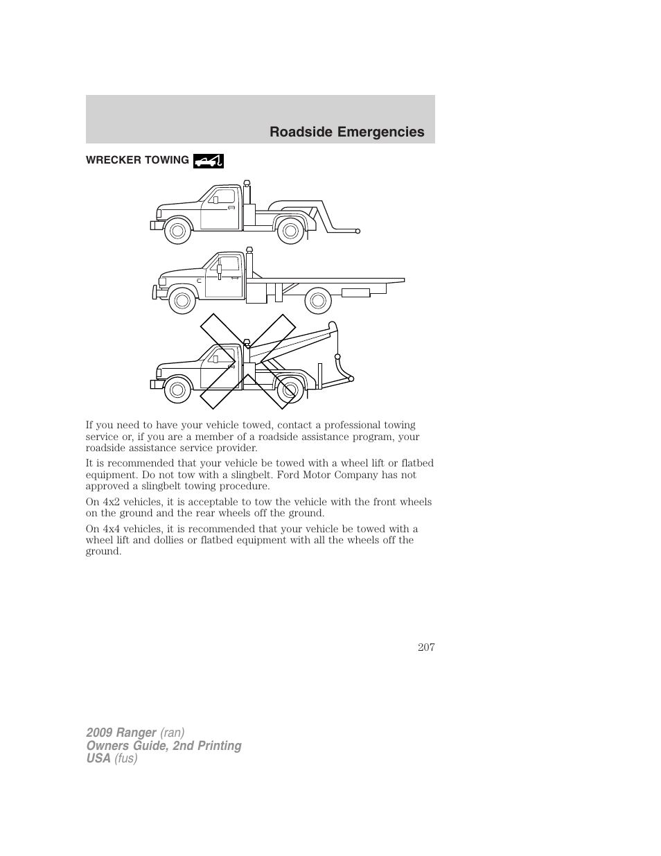 Wrecker towing, Roadside emergencies | FORD 2009 Ranger v.2 User Manual | Page 207 / 274