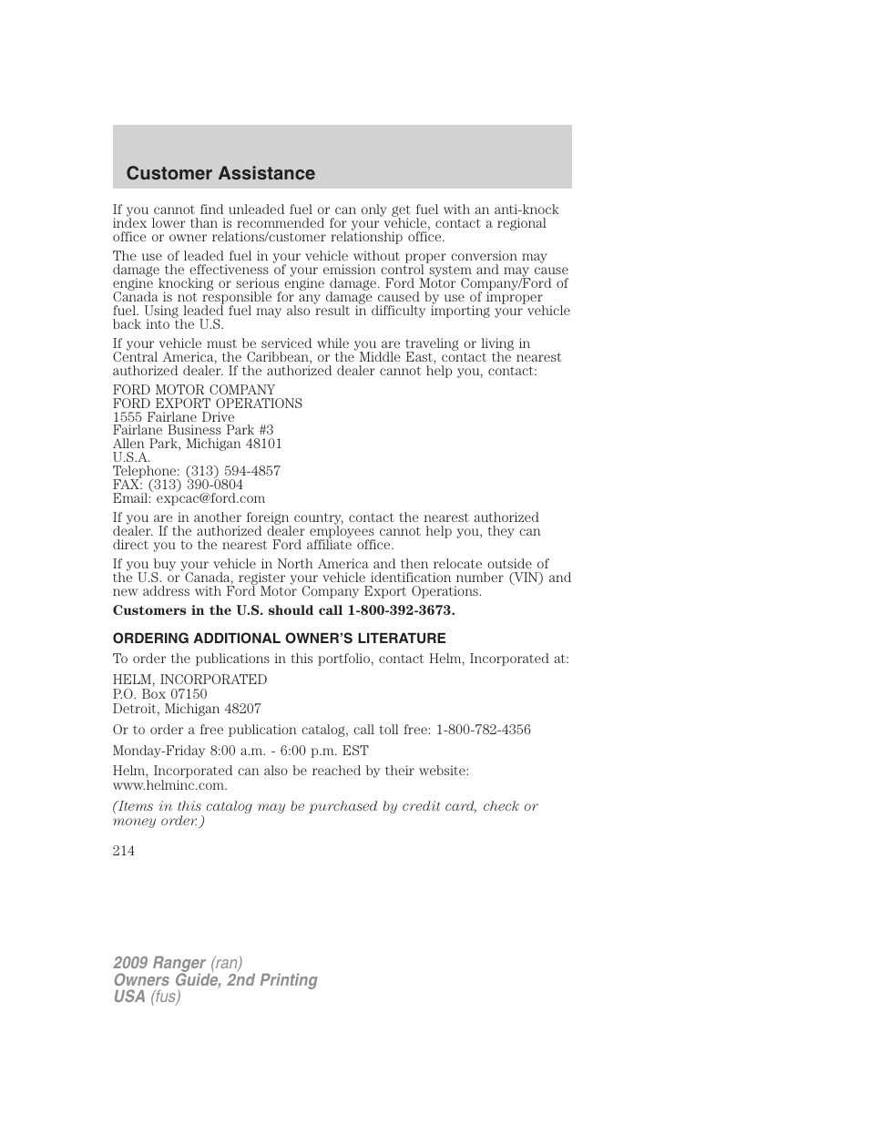 Ordering additional owner’s literature, Customer assistance | FORD 2009 Ranger v.2 User Manual | Page 214 / 274