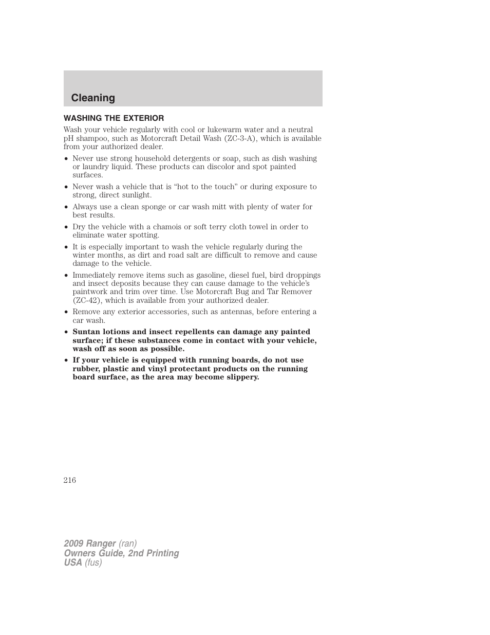 Cleaning, Washing the exterior | FORD 2009 Ranger v.2 User Manual | Page 216 / 274