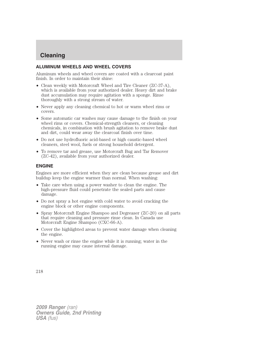 Aluminum wheels and wheel covers, Engine, Cleaning | FORD 2009 Ranger v.2 User Manual | Page 218 / 274