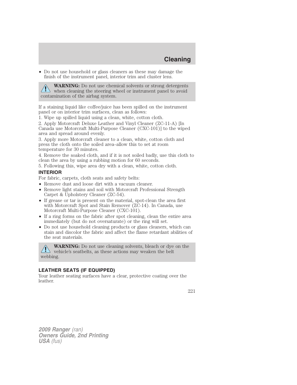 Interior, Leather seats (if equipped), Cleaning | FORD 2009 Ranger v.2 User Manual | Page 221 / 274