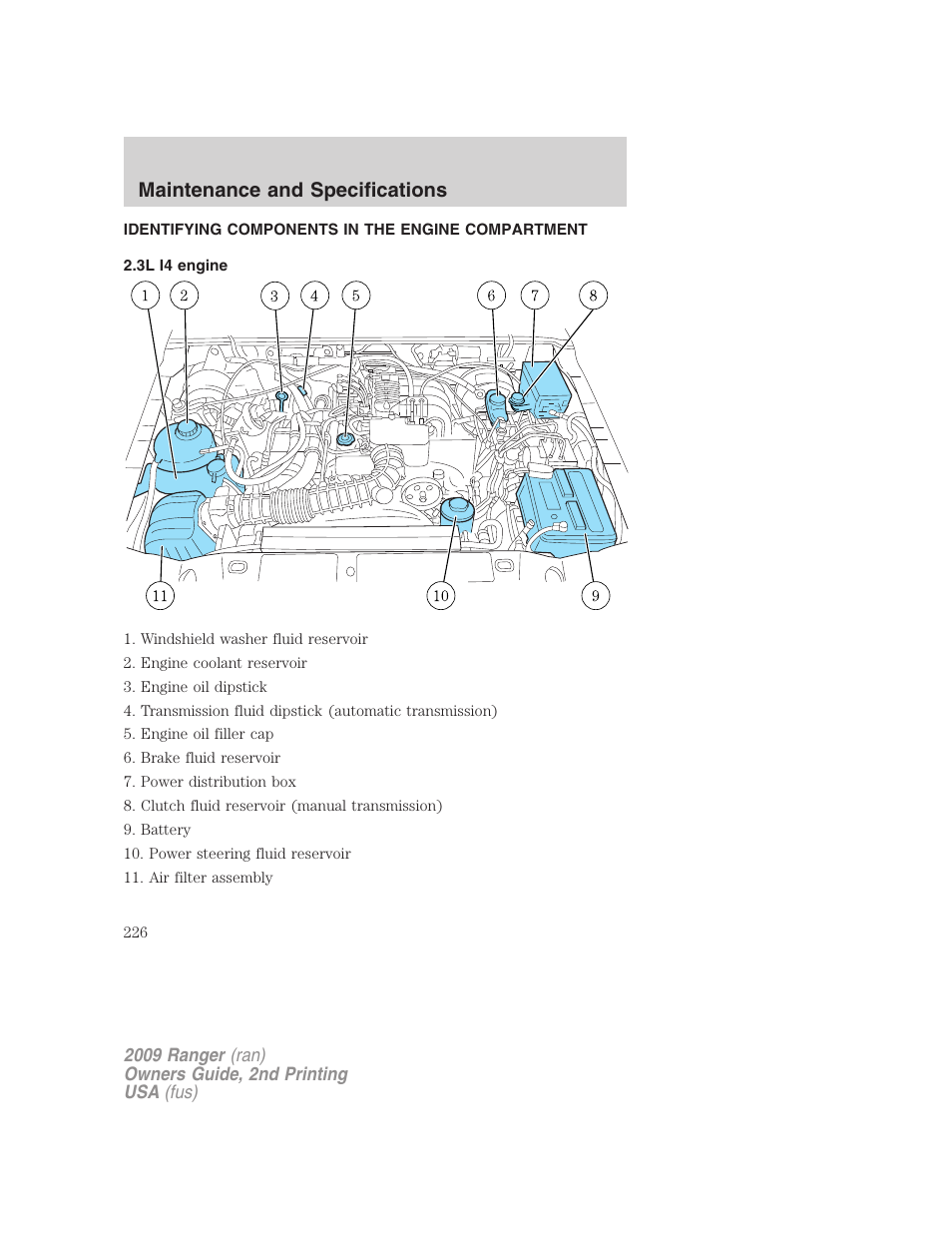 Identifying components in the engine compartment, 3l i4 engine, Engine compartment | Maintenance and specifications | FORD 2009 Ranger v.2 User Manual | Page 226 / 274