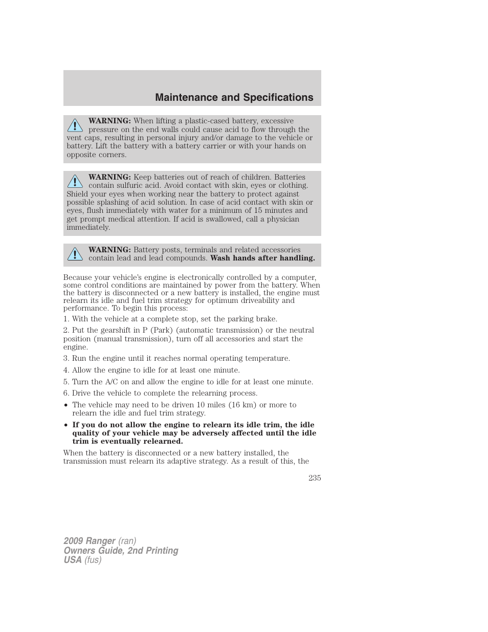 Maintenance and specifications | FORD 2009 Ranger v.2 User Manual | Page 235 / 274