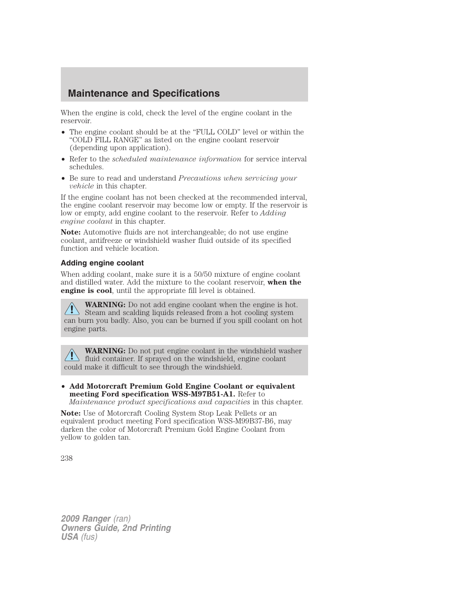 Adding engine coolant, Maintenance and specifications | FORD 2009 Ranger v.2 User Manual | Page 238 / 274