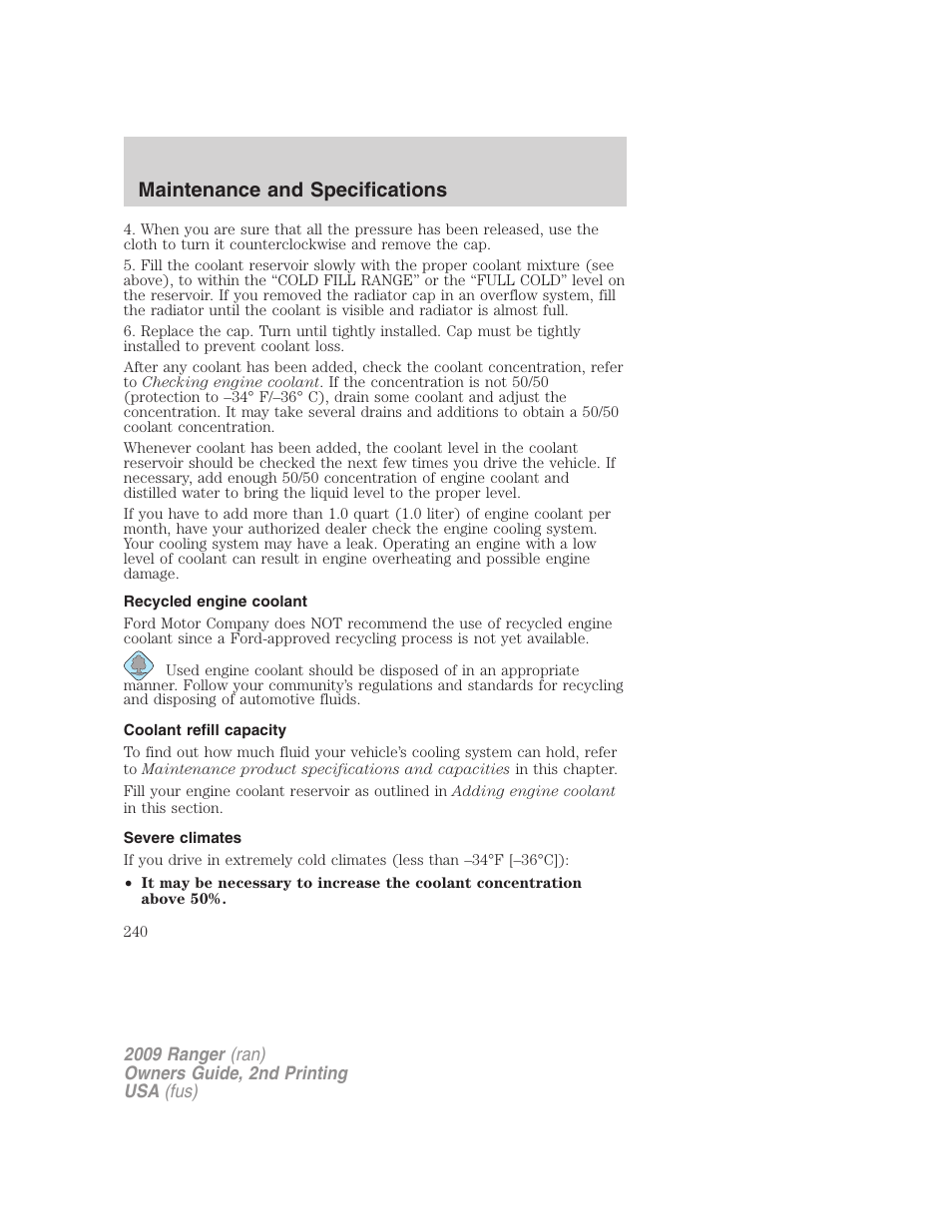 Recycled engine coolant, Coolant refill capacity, Severe climates | Maintenance and specifications | FORD 2009 Ranger v.2 User Manual | Page 240 / 274