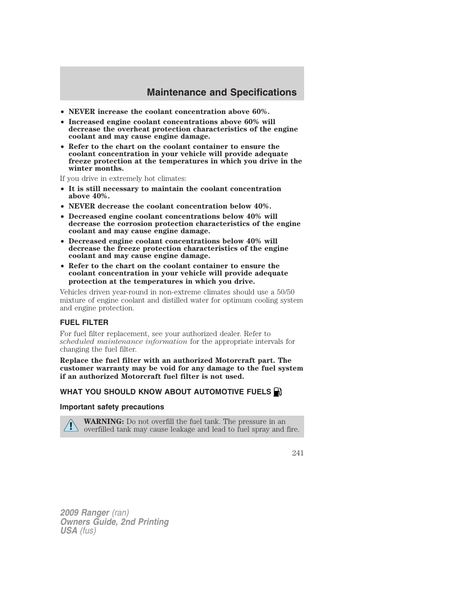 Fuel filter, What you should know about automotive fuels, Important safety precautions | Fuel information, Maintenance and specifications | FORD 2009 Ranger v.2 User Manual | Page 241 / 274