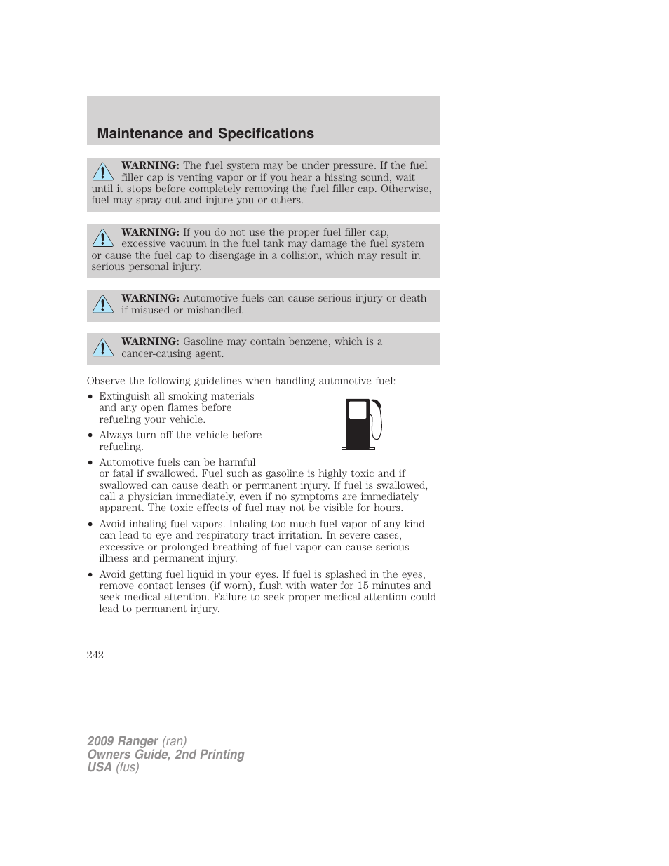 Maintenance and specifications | FORD 2009 Ranger v.2 User Manual | Page 242 / 274