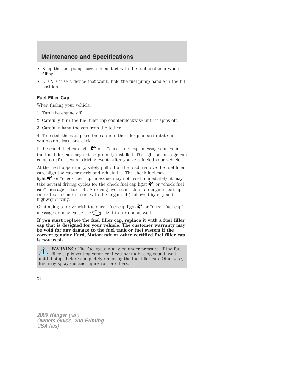 Fuel filler cap, Maintenance and specifications | FORD 2009 Ranger v.2 User Manual | Page 244 / 274