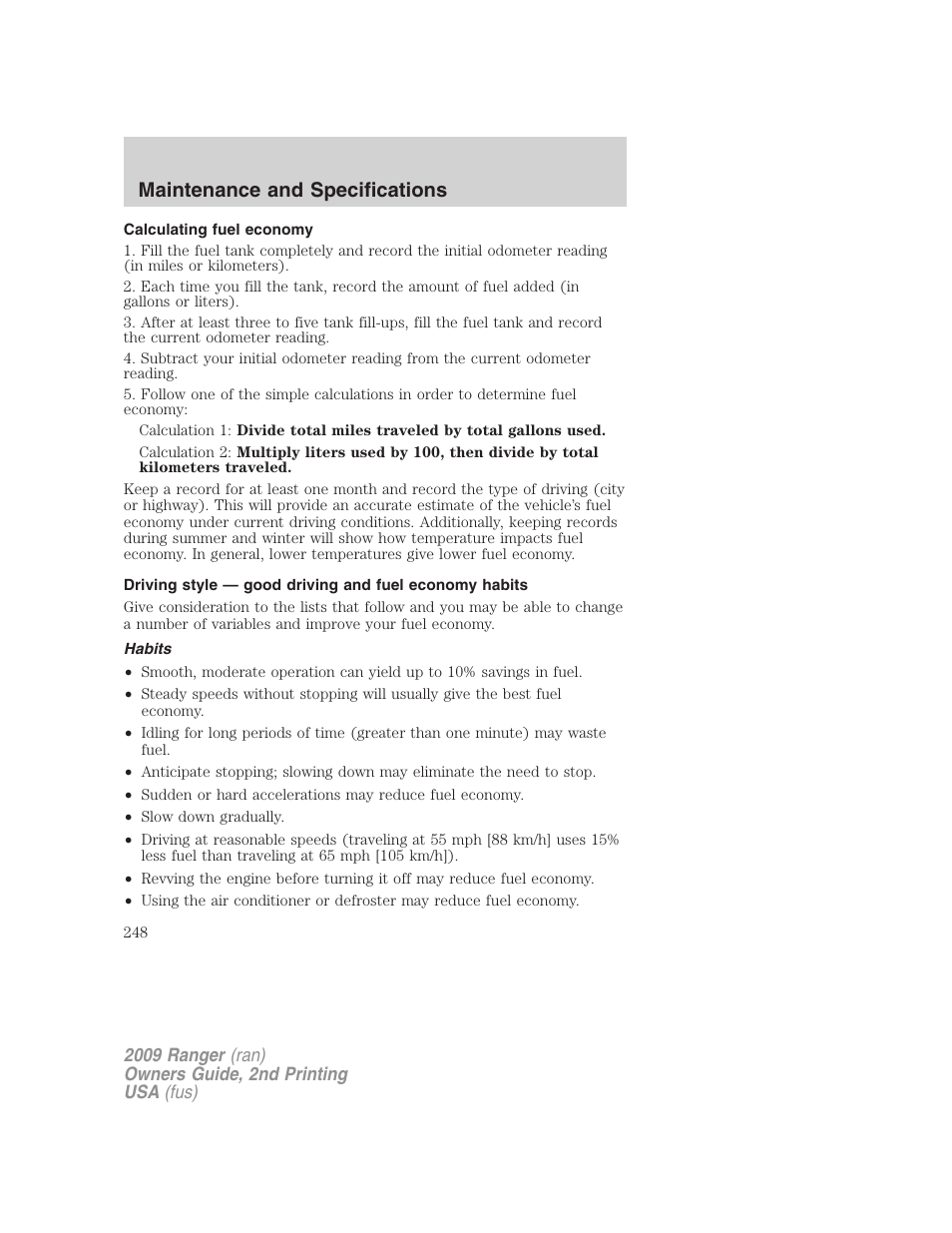 Calculating fuel economy, Habits, Maintenance and specifications | FORD 2009 Ranger v.2 User Manual | Page 248 / 274